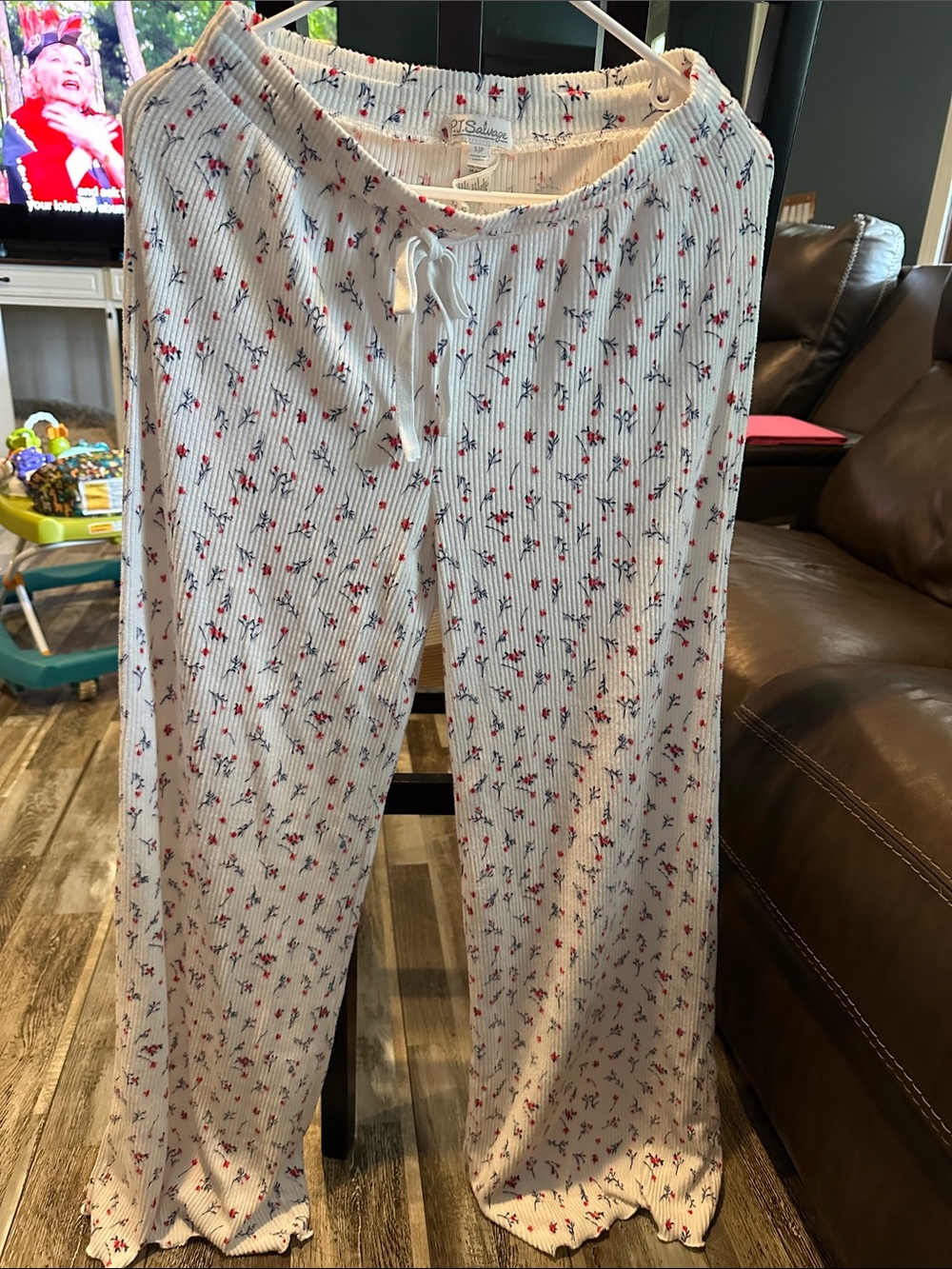 P.J. Salvage White Floral Ribbed Pajama Pants with Red & Blue Accents